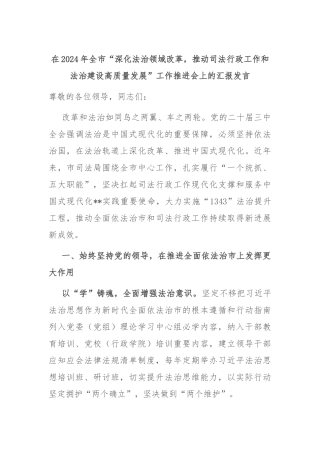 在2024年全市“深化法治领域改革，推动司法行政工作和法治建设高质量发展”工作推进会上的汇报发言