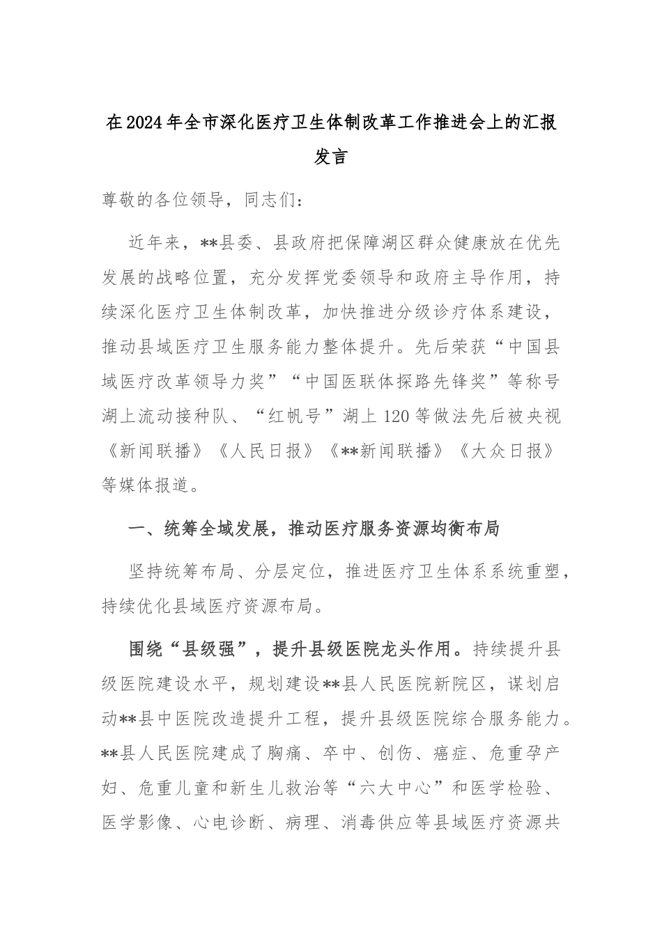 在2024年全市深化医疗卫生体制改革工作推进会上的汇报发言_第1页