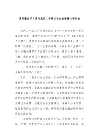 县某银行学习贯彻党的二十届三中全会精神心得体会