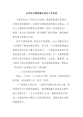 全市全力做好就业创业工作总结