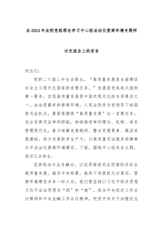 在2024年法院党组理论学习中心组法治化营商环境专题研讨交流会上的发言