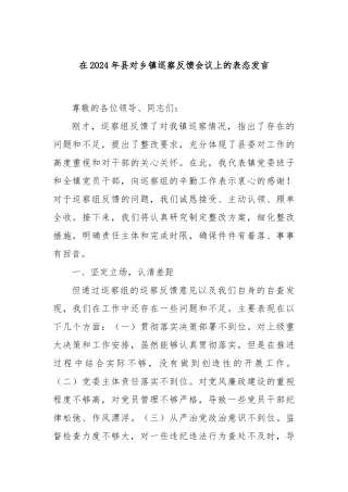 在2024年县对乡镇巡察反馈会议上的表态发言