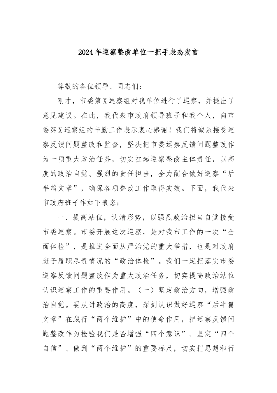 2024年巡察整改单位一把手表态发言_第1页