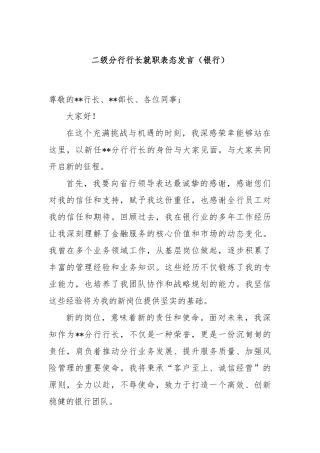 二级分行行长就职表态发言（银行）