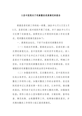 X县中医院关于巡察整改进展情况的报告