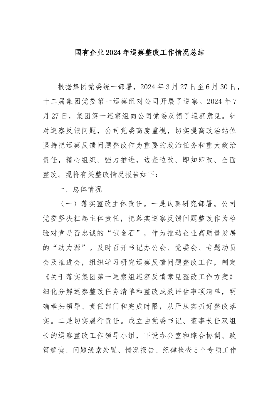 国有企业2024年巡察整改工作情况总结_第1页