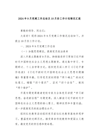 2024年9月党建工作总结及10月份工作计划情况汇报
