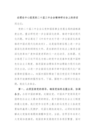 在理论中心组党的二十届三中全会精神研讨会上的讲话
