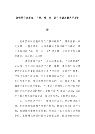 镇领导交流发言：“排、研、化、治”全链条解决矛盾纠纷