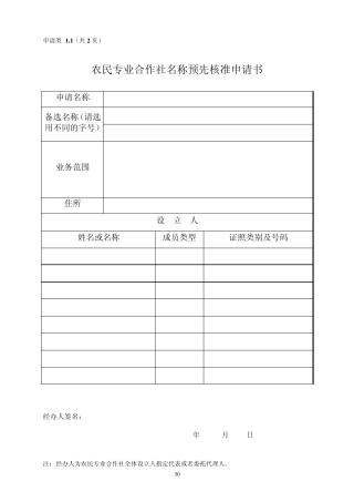 农民专业合作社名称预先核准申请书
