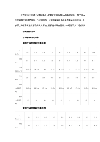 国际鞋尺码对照表