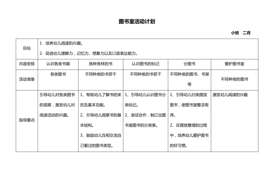 图书室活动计划下——小班_第1页