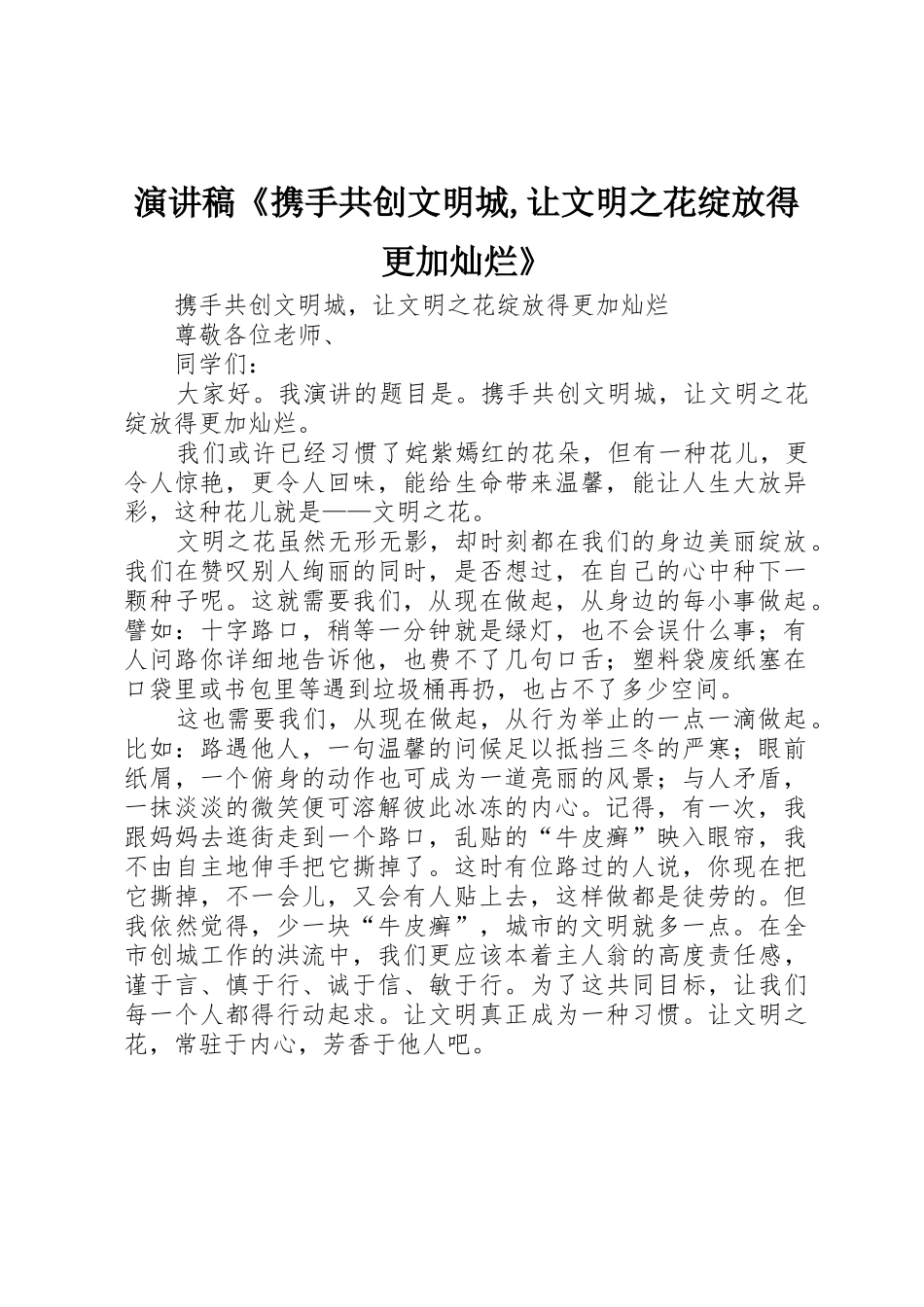 演讲稿《携手共创文明城,让文明之花绽放得更加灿烂》_第1页