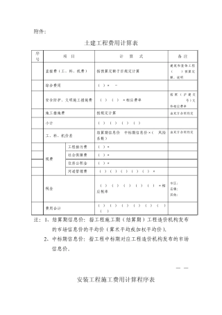 土建工程费用计算表