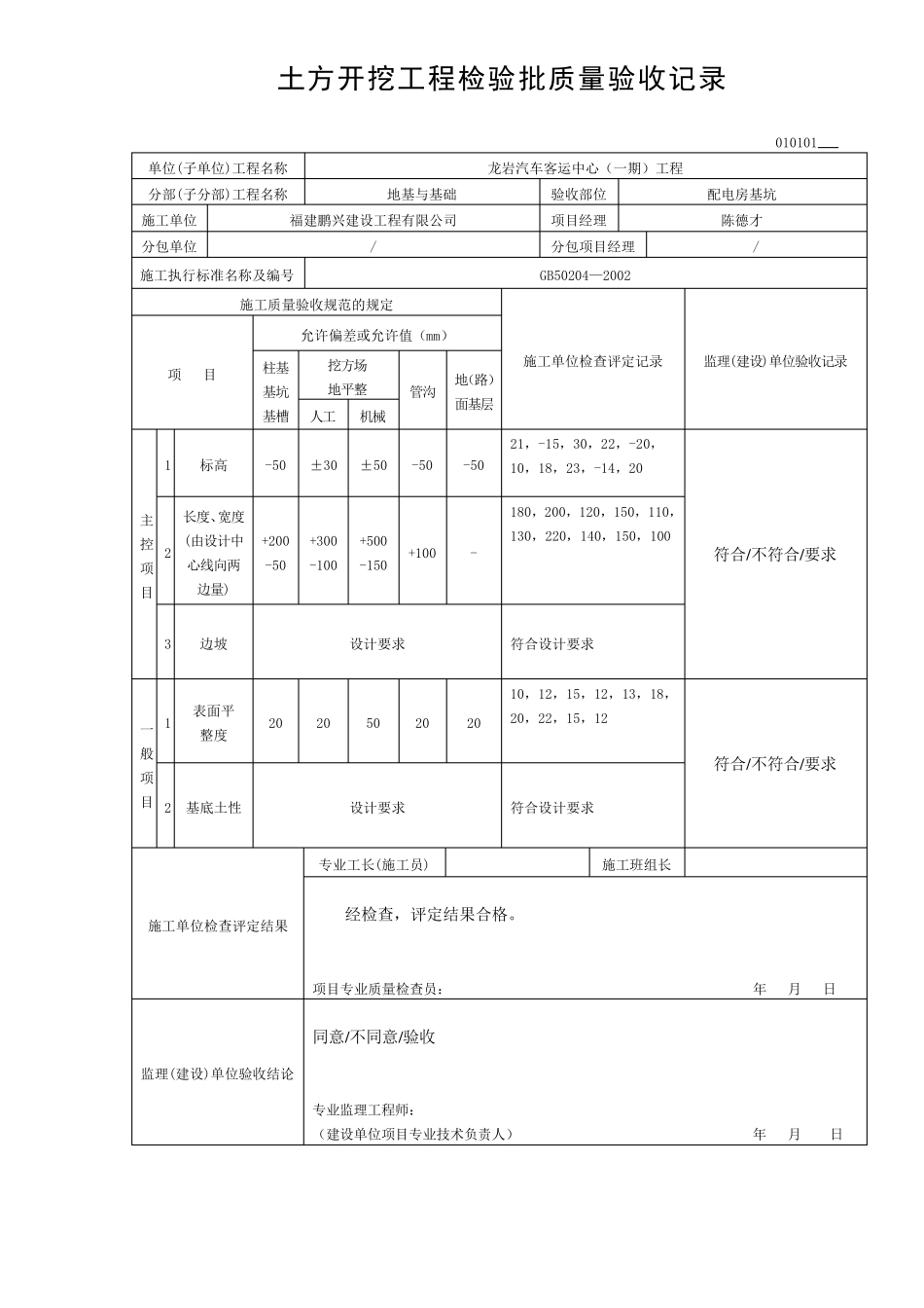 土方开挖检验批验收记录_第1页