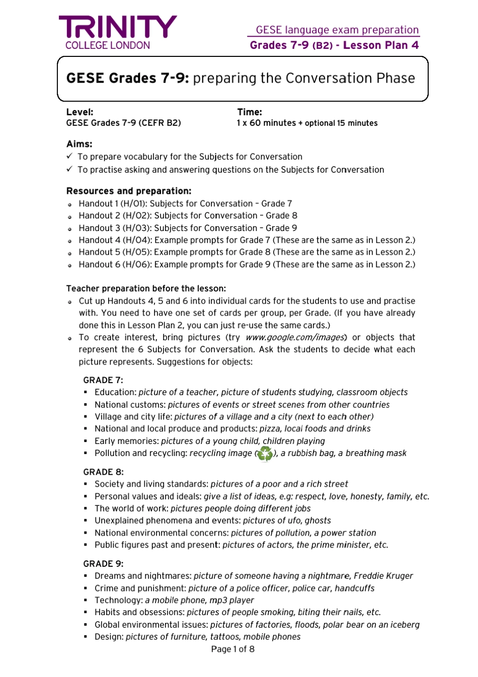 圣三一口语考试79级官方辅导材料GESEGrades79LessonPlan4PreparingtheConversation(Final)_第1页