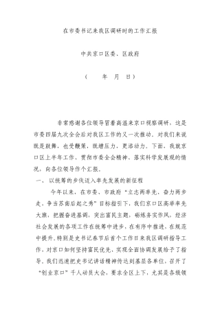 在市委书记来我区调研时的工作汇报