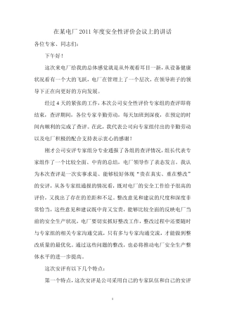 在某电厂安全性评价会议上的讲话