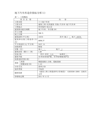 地下车库造价指标分析