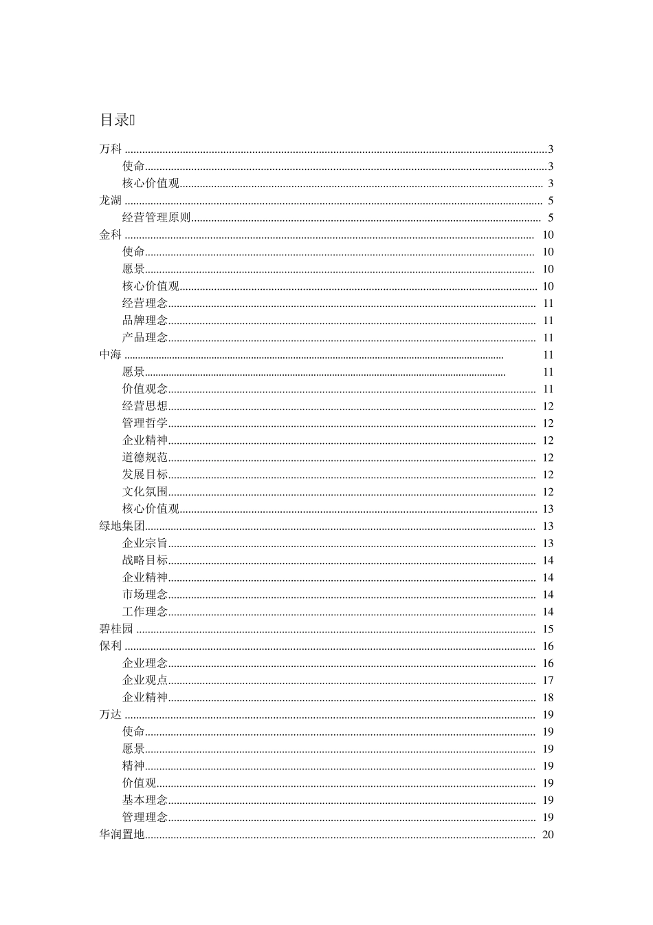 地产企业文化理念大全(万科、龙湖、中海、绿地、保利、万达等十二家)_第1页