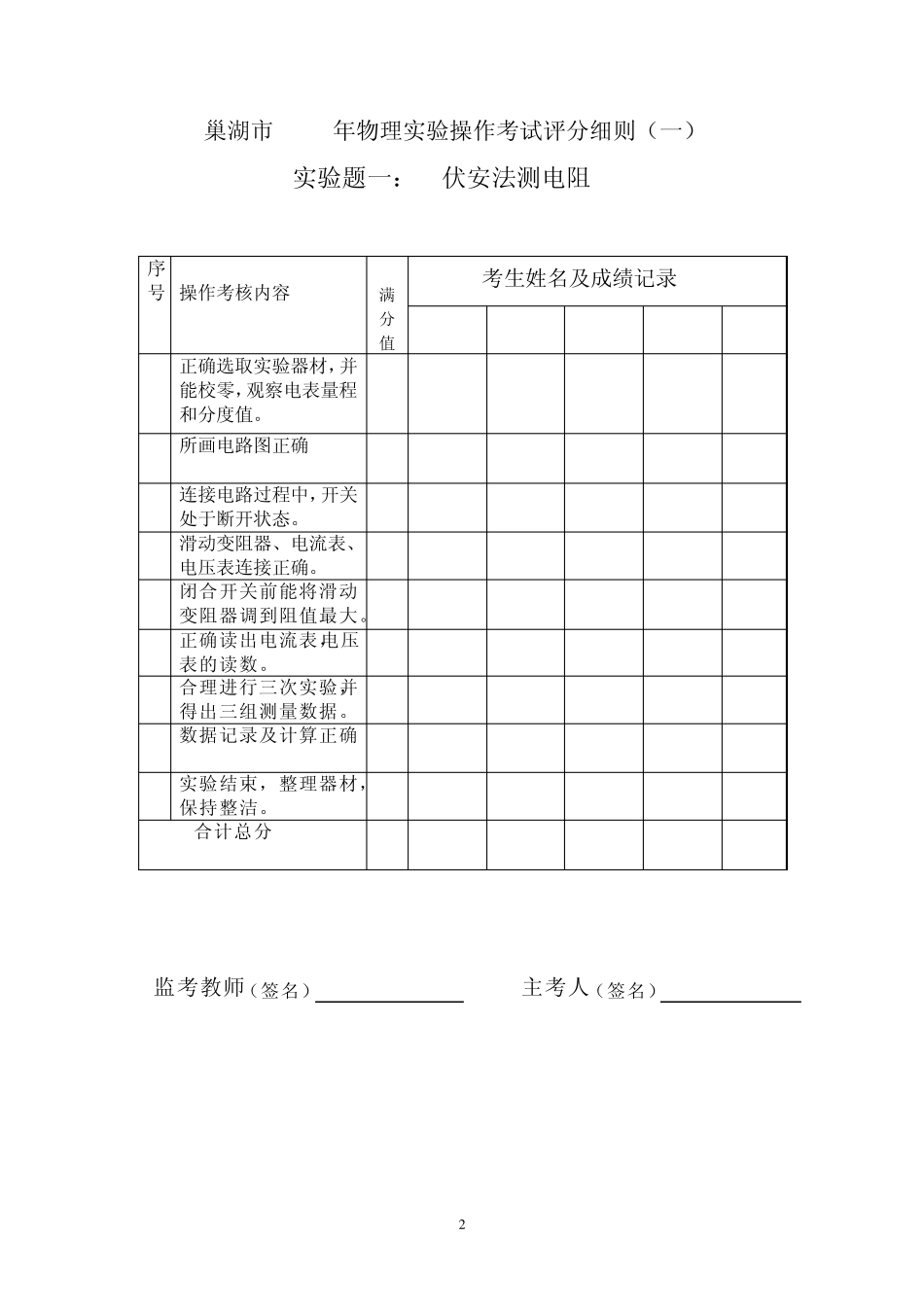 巢湖市2011年中考物理实验操作试题及报告单_第2页