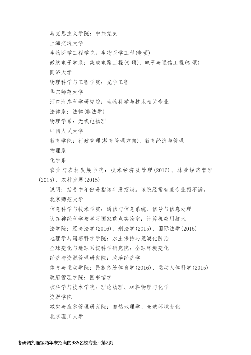 考研调剂连续两年未招满的985名校专业_第2页