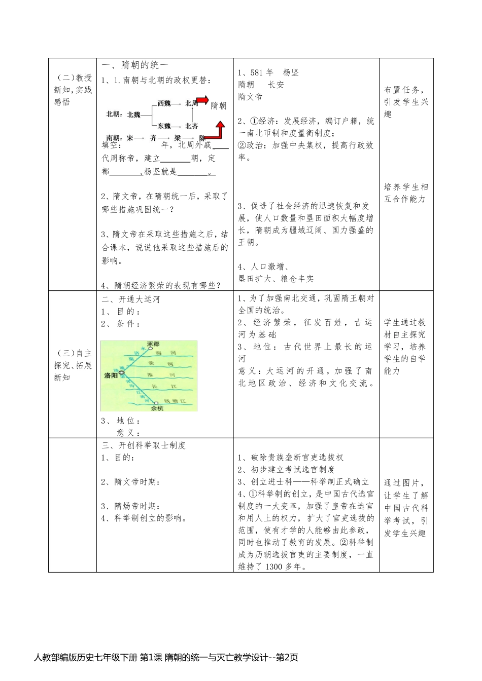 人教部编版历史七年级下册 第1课 隋朝的统一与灭亡教学设计_第2页