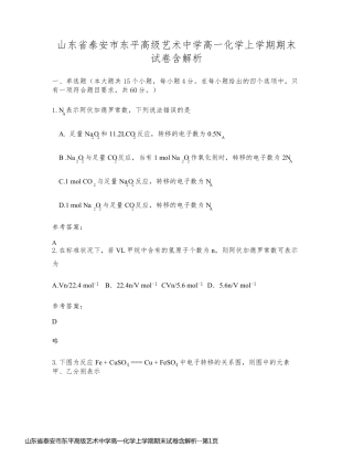 山东省泰安市东平高级艺术中学高一化学上学期期末试卷含解析