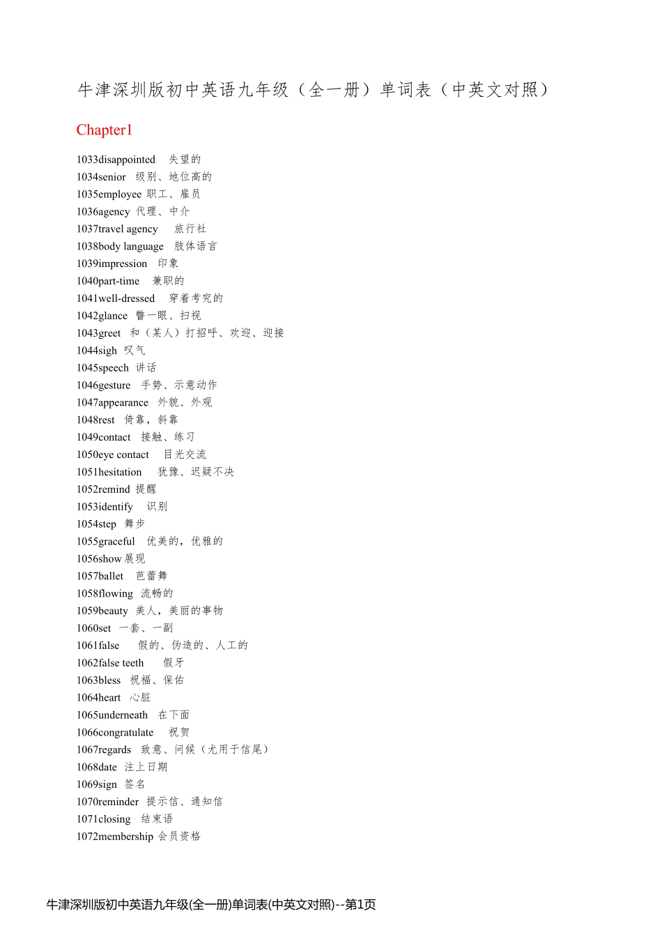 牛津深圳版初中英语九年级(全一册)单词表(中英文对照)_第1页
