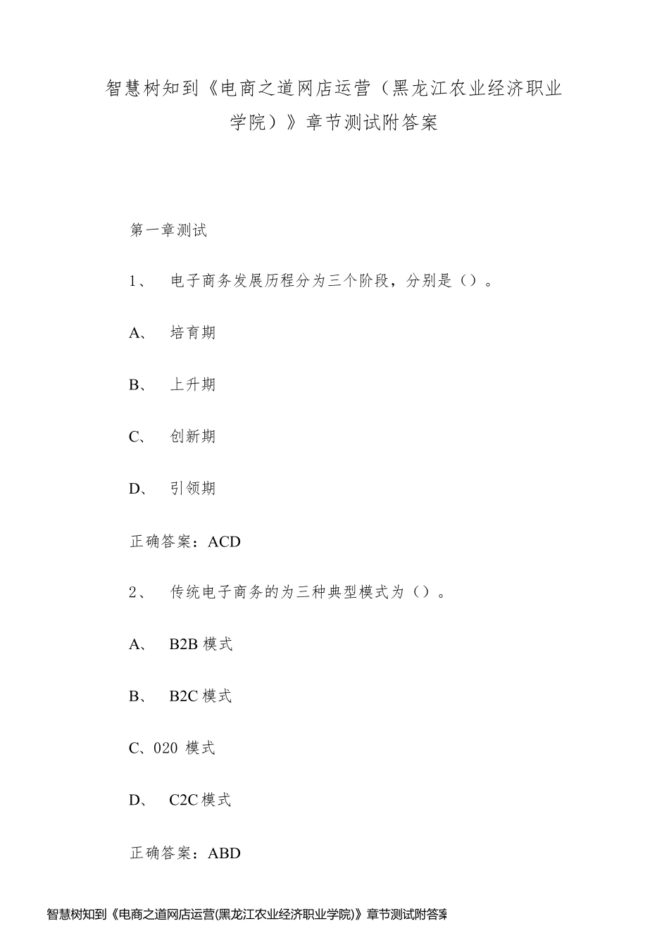 智慧树知到《电商之道网店运营(黑龙江农业经济职业学院)》章节测试附答案_第1页