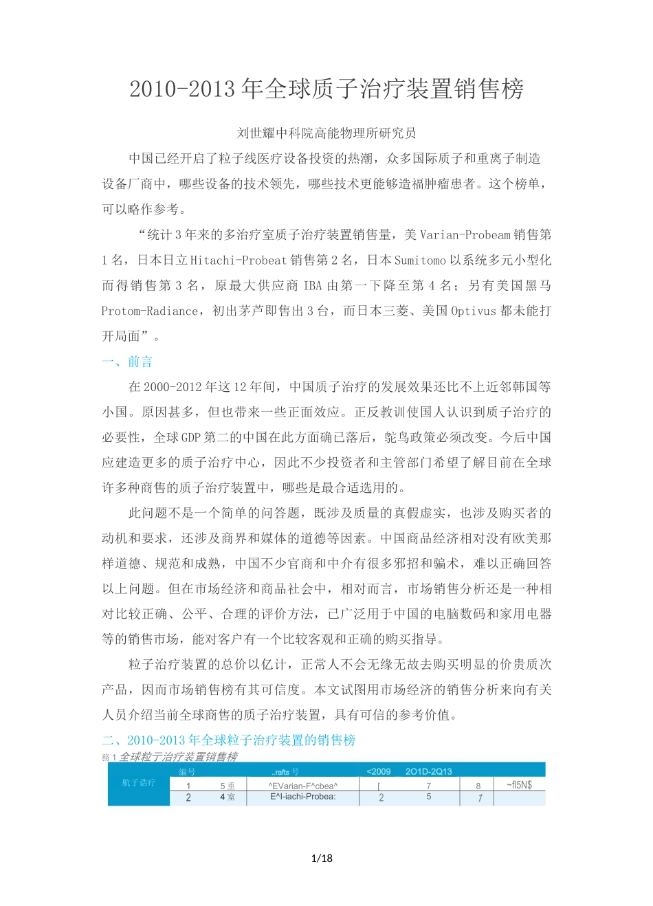 全球质子治疗装置销售榜_第1页