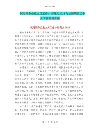 试用期办公室文员工作小结范文2024与试用期员工个人工作总结汇编