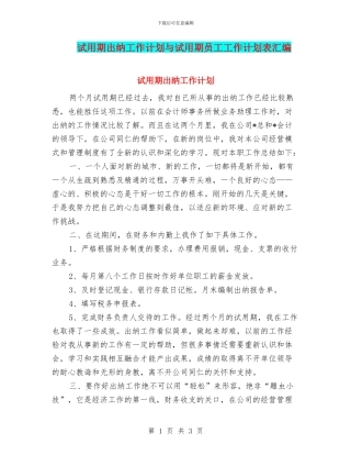 试用期出纳工作计划与试用期员工工作计划表汇编