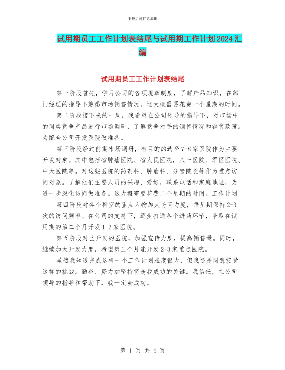 试用期员工工作计划表结尾与试用期工作计划2024汇编_第1页