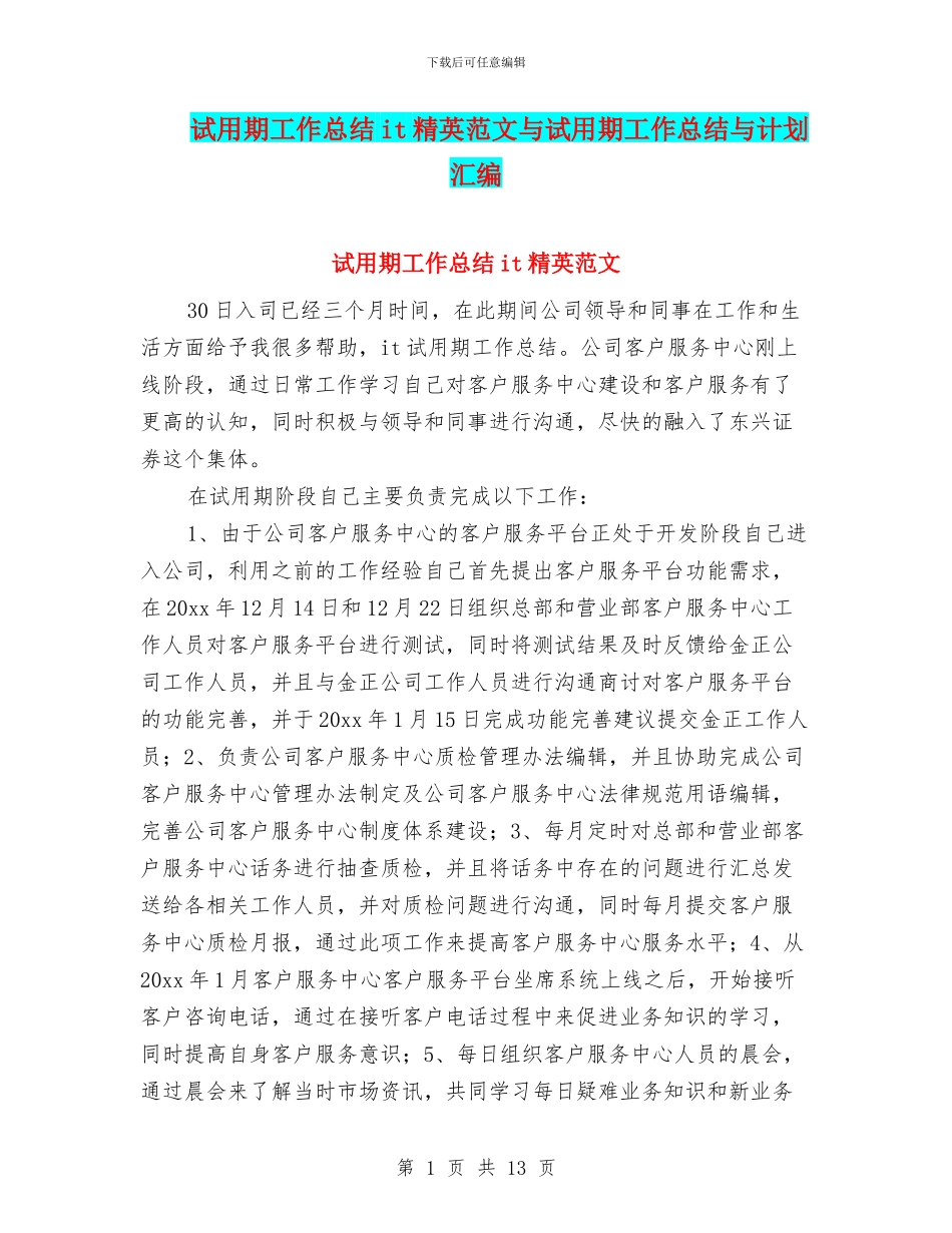 试用期工作总结it精英范文与试用期工作总结与计划汇编_第1页