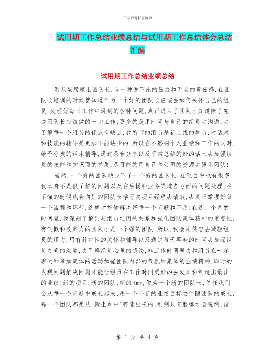 试用期工作总结业绩总结与试用期工作总结体会总结汇编_第1页