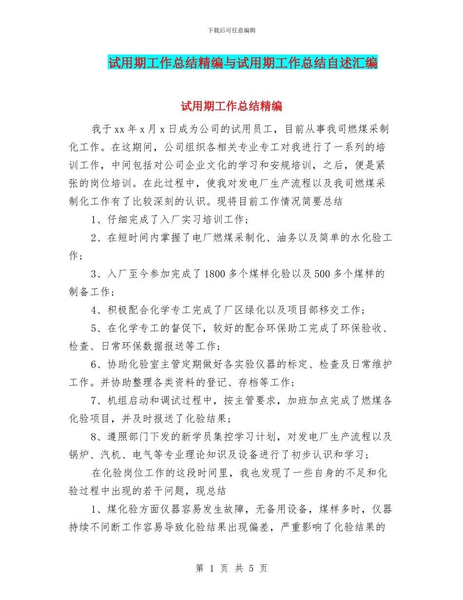 试用期工作总结精编与试用期工作总结自述汇编_第1页