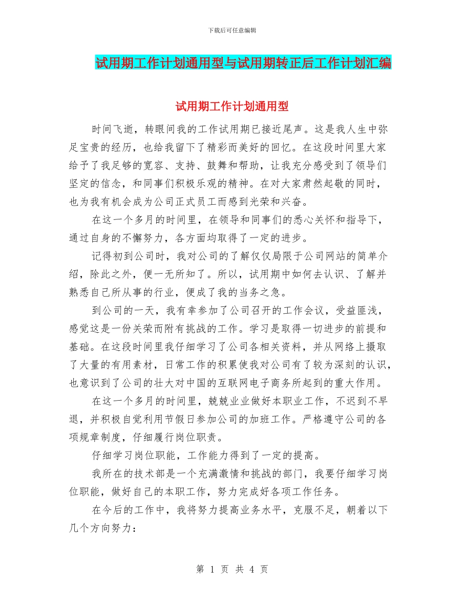 试用期工作计划通用型与试用期转正后工作计划汇编_第1页