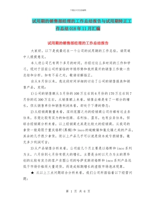试用期的销售部经理的工作总结报告与试用期转正工作总结018年11月汇编