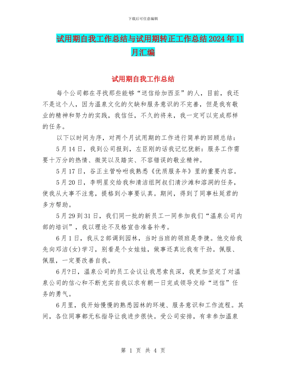 试用期自我工作总结与试用期转正工作总结2024年11月汇编_第1页