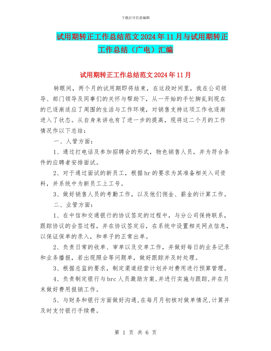 试用期转正工作总结范文2024年11月与试用期转正工作总结汇编_第1页