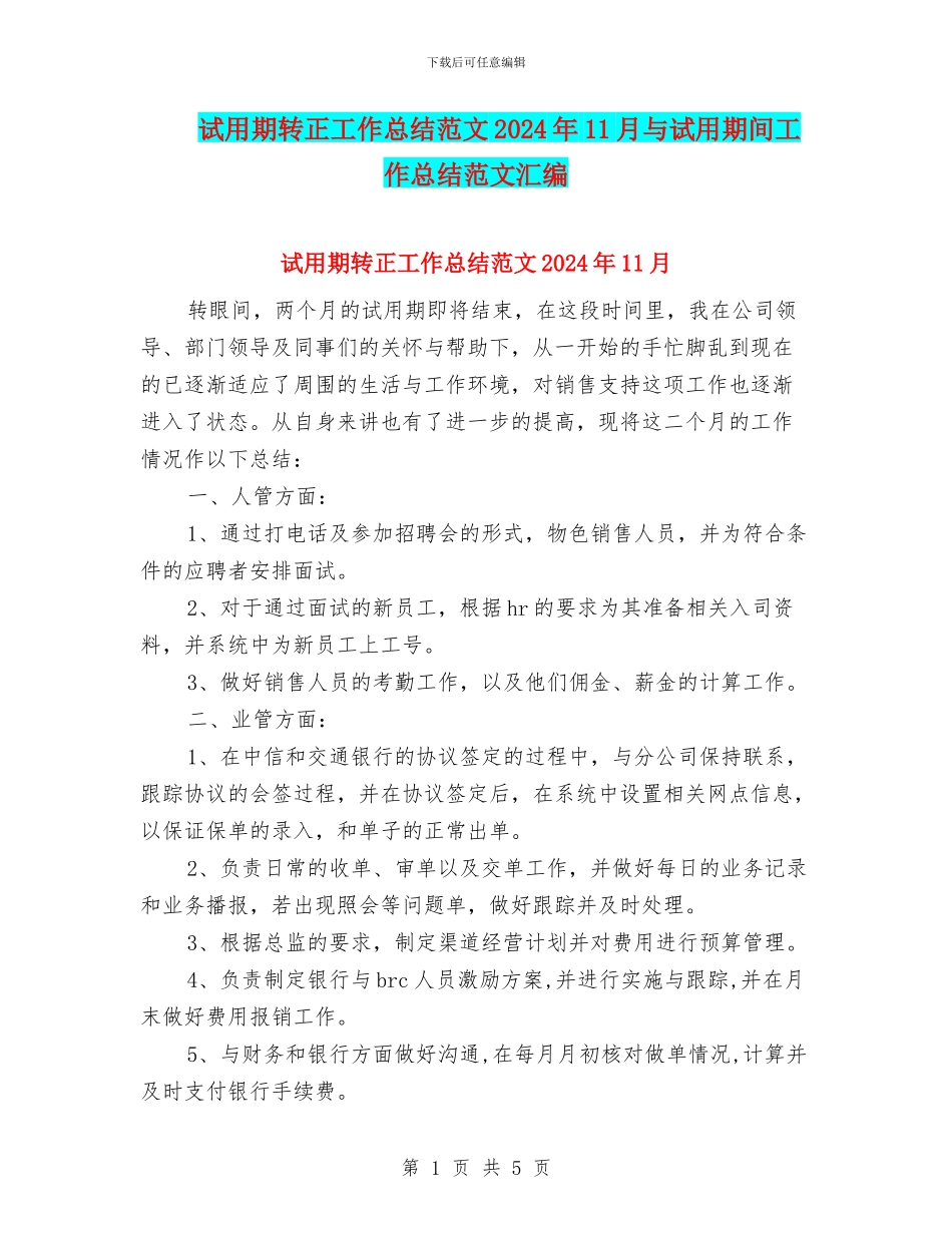 试用期转正工作总结范文2024年11月与试用期间工作总结范文汇编_第1页