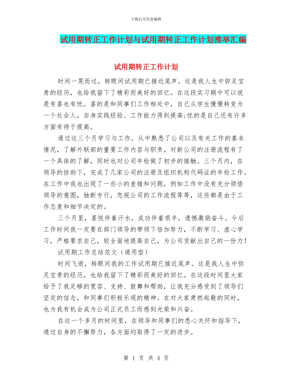 试用期转正工作计划与试用期转正工作计划推荐汇编_第1页