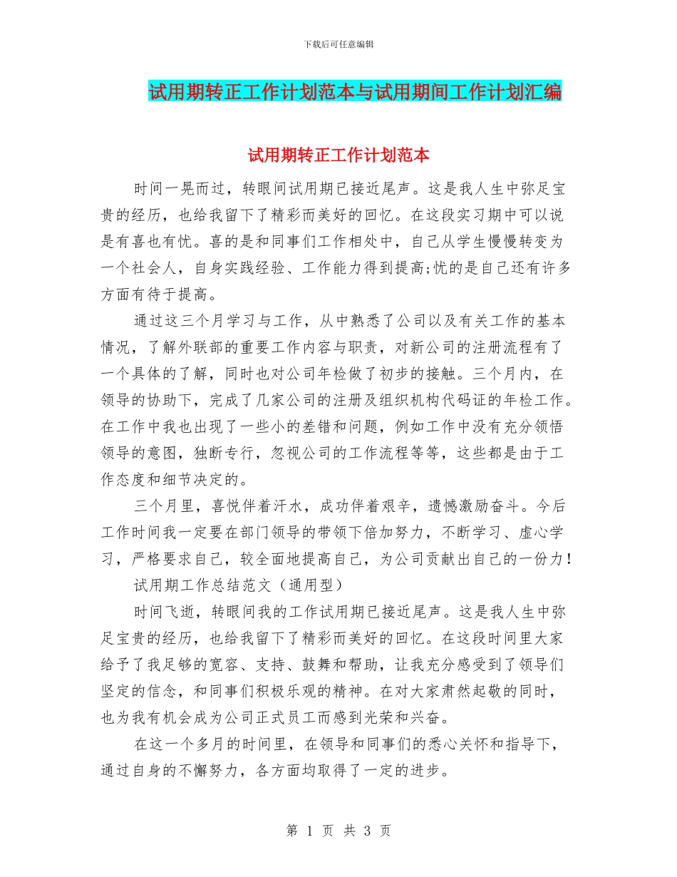 试用期转正工作计划范本与试用期间工作计划汇编_第1页