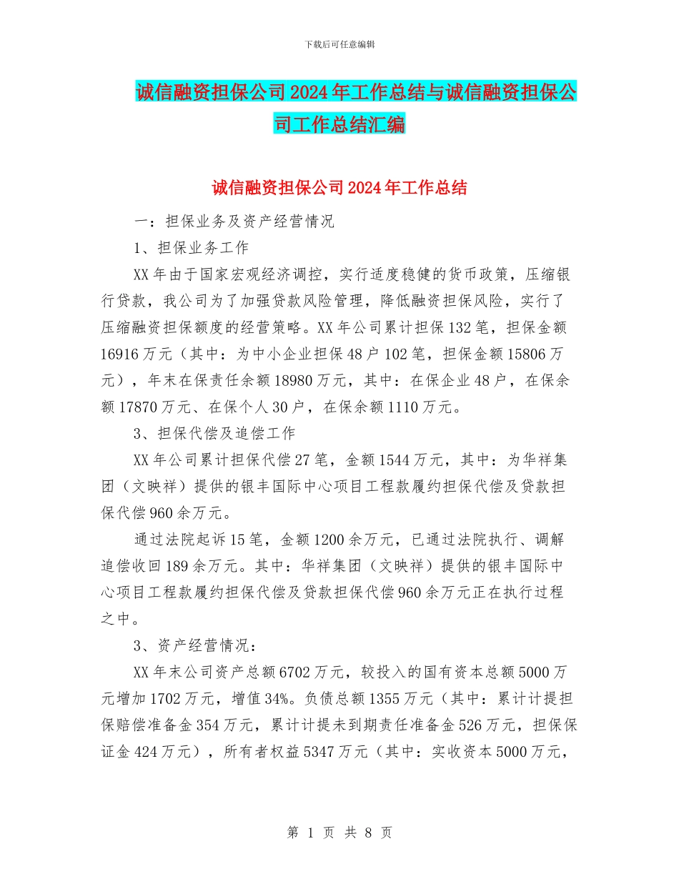 诚信融资担保公司2024年工作总结与诚信融资担保公司工作总结汇编_第1页