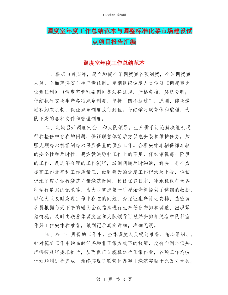 调度室年度工作总结范本与调整标准化菜市场建设试点项目报告汇编_第1页