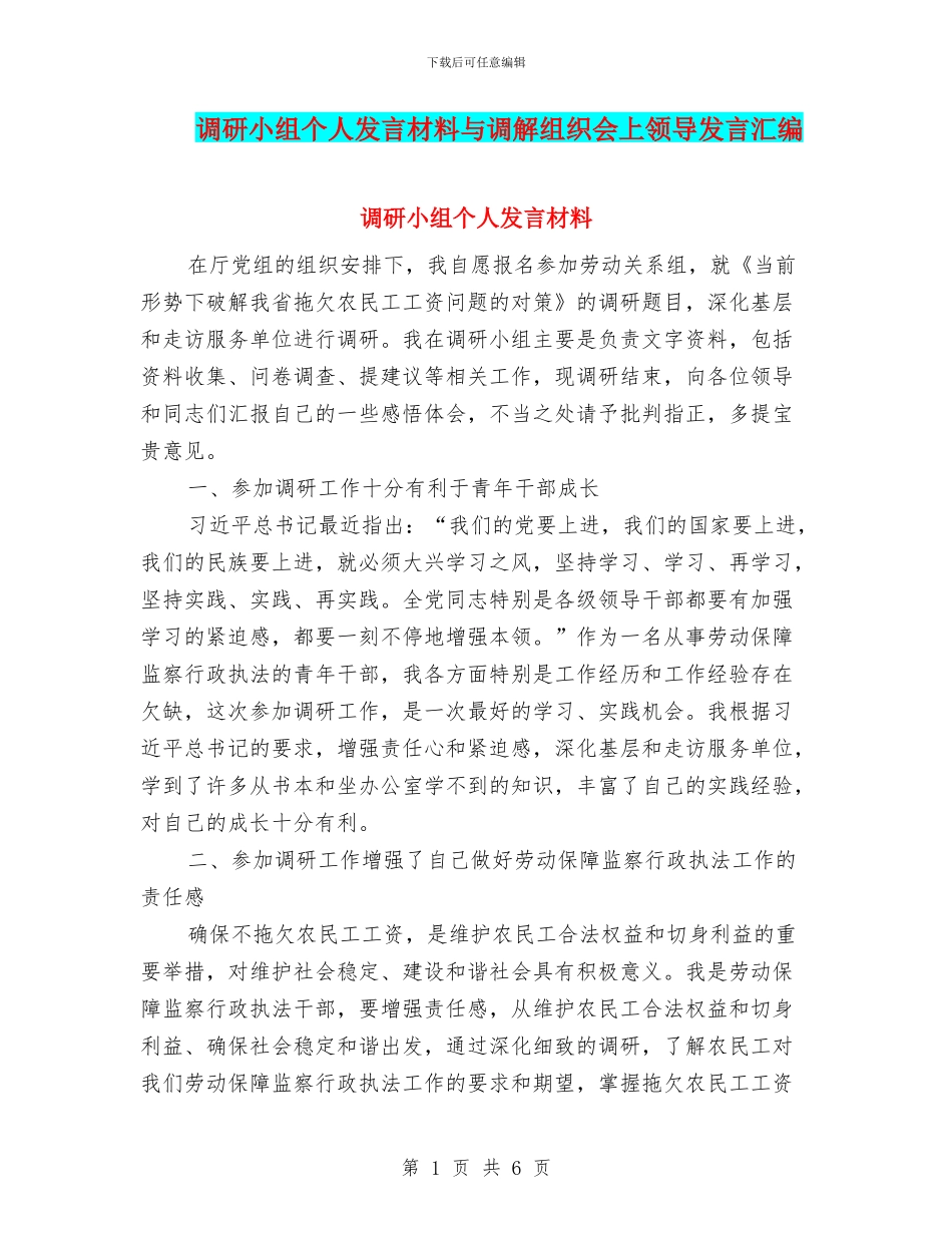 调研小组个人发言材料与调解组织会上领导发言汇编_第1页