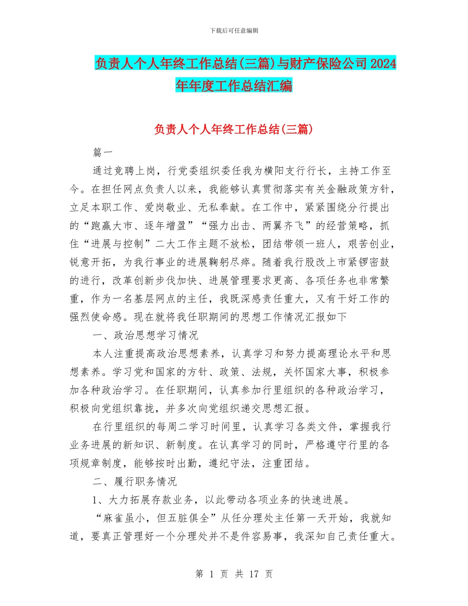 负责人个人年终工作总结与财产保险公司2024年年度工作总结汇编_第1页