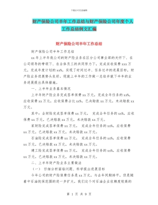 财产保险公司半年工作总结与财产保险公司年度个人工作总结例文汇编