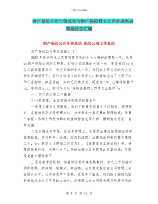 财产保险公司年终总结与财产保险县支公司经理先进事迹报告汇编